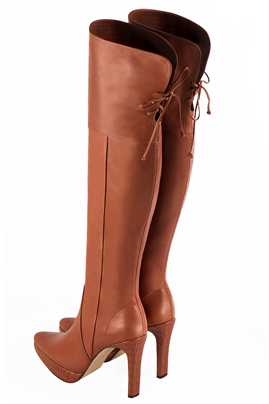 Terracotta orange women's leather thigh-high boots. Tapered toe. Very high slim heel with a platform at the front. Made to measure. Rear view - Florence KOOIJMAN